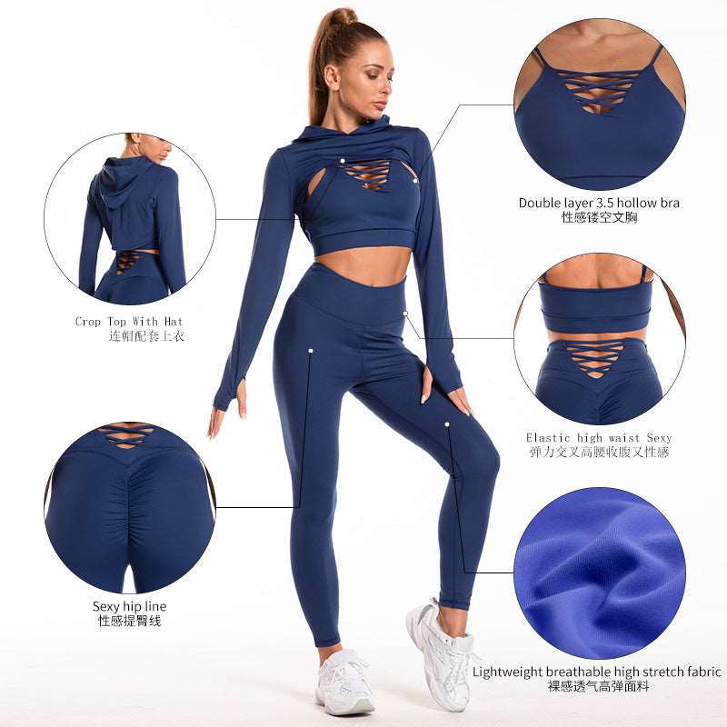 Ultimate Fitness Trio: 3pcs Sports Suits with Long Sleeve Hooded Top, Hollow Design Camisole, and Butt Lifting High Waist Seamless Fitness Leggings - Gym-Ready Outfits