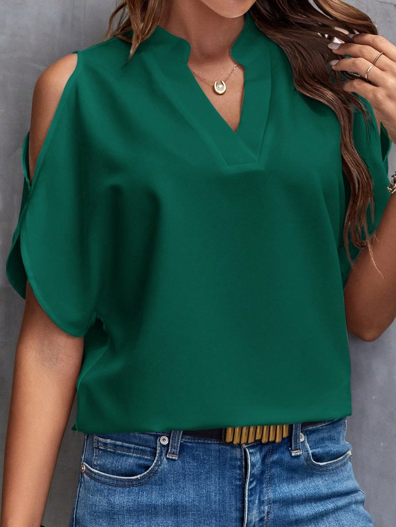 V-neck Off-the-Shoulder Sleeves Women's Top - Graceful and Fashionable for a Chic Look Dark Green