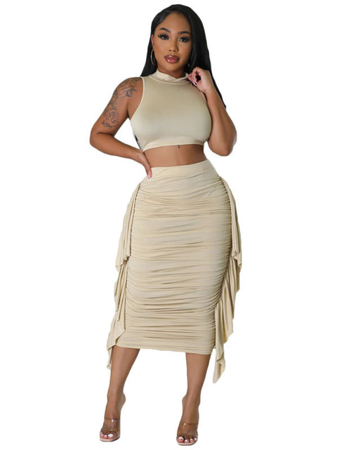 Load image into Gallery viewer, Elegant Lace-Up Ensemble: Women&#39;s Fashion Vest Top &amp; High-Waisted Skirt Suit - Elevate Your Style with Timeless Sophistication Khaki
