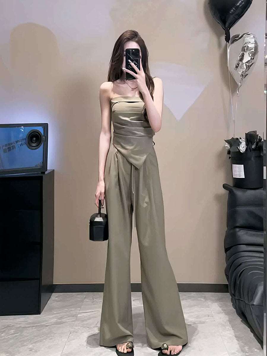 Fashion Business Causal Commuting Style Bra Top With Tank Top Two Piece Set Khaki suit