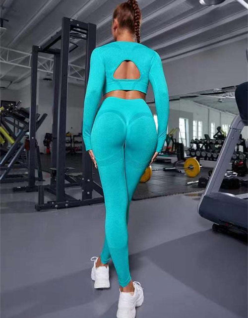 Load image into Gallery viewer, Elevate Your Workout: 2pcs Sports Suits with Long Sleeve Hollow Design Tops and Butt Lifting High Waist Seamless Fitness Leggings - Stylish Gym Sportswear Outfits Green
