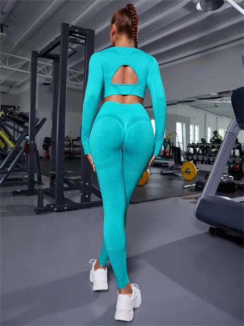 Elevate Your Workout: 2pcs Sports Suits with Long Sleeve Hollow Design Tops and Butt Lifting High Waist Seamless Fitness Leggings - Stylish Gym Sportswear Outfits Green