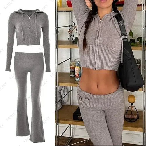 Load image into Gallery viewer, Knitted Hoodie Cropped Top And Pants Set
