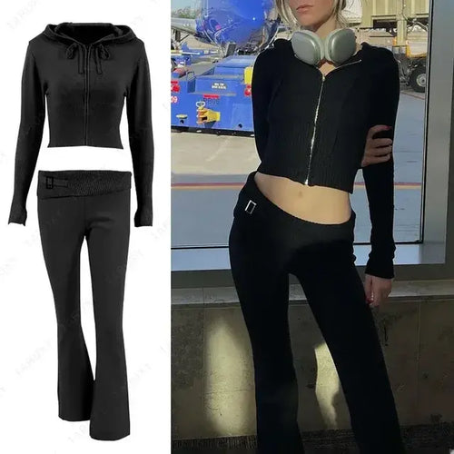 Load image into Gallery viewer, Knitted Hoodie Cropped Top And Pants Set
